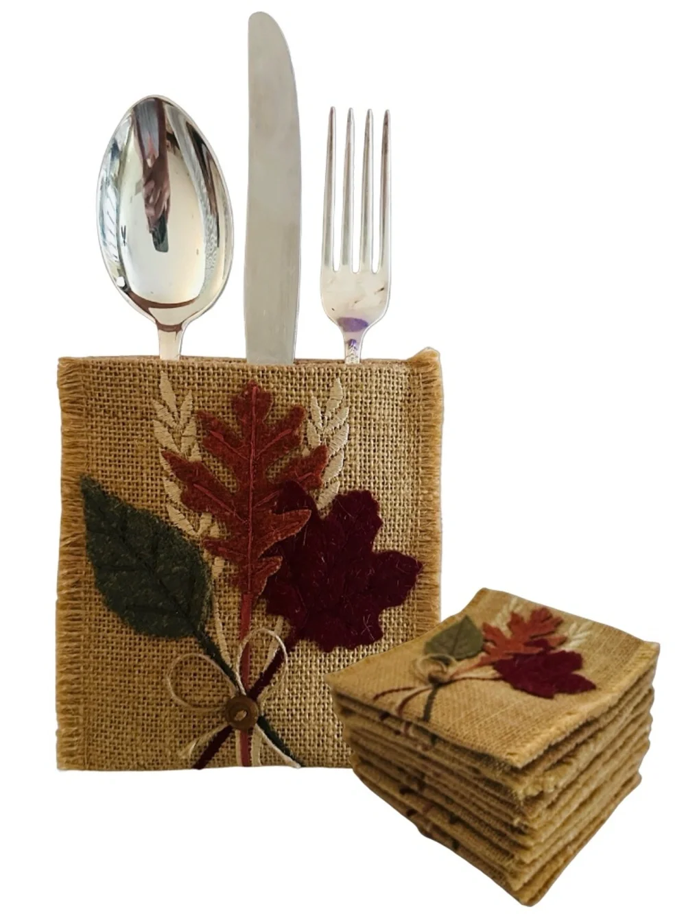Leaf Jute Burlap Spice Leaves Silverware Utensil Holder  (set of 12)